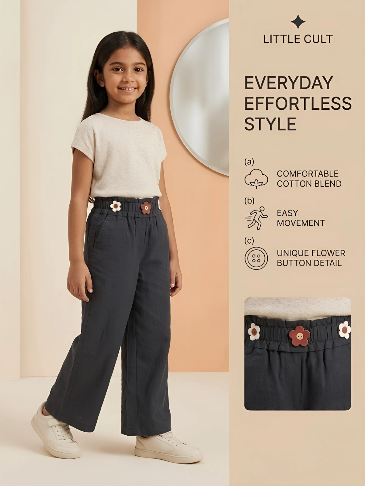 Girls Black Wide-Leg Casual Trousers