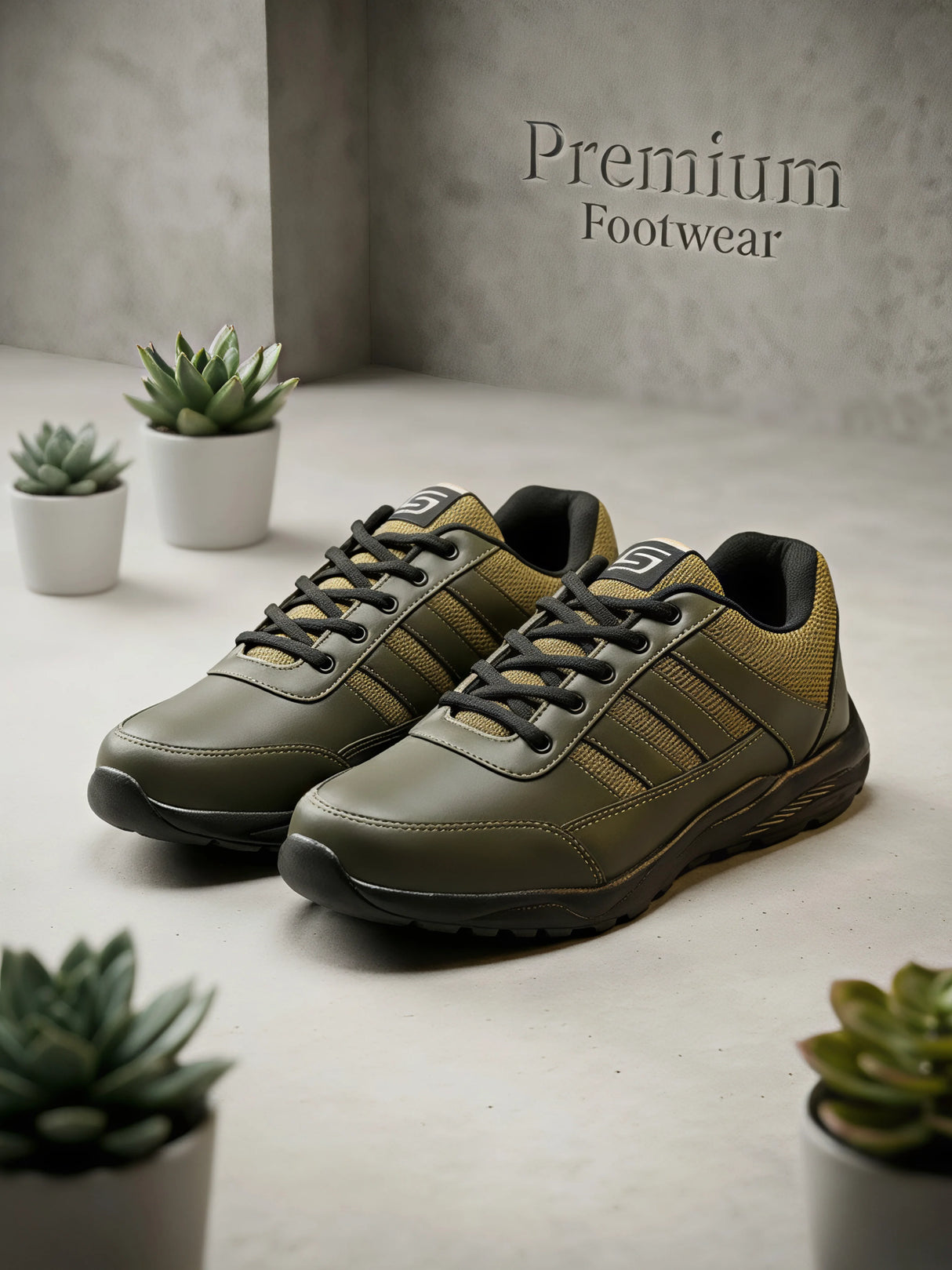 A pair of premium olive green lace-up sneakers with black accents and a rugged sole, featuring a stylized S logo on the tongue.