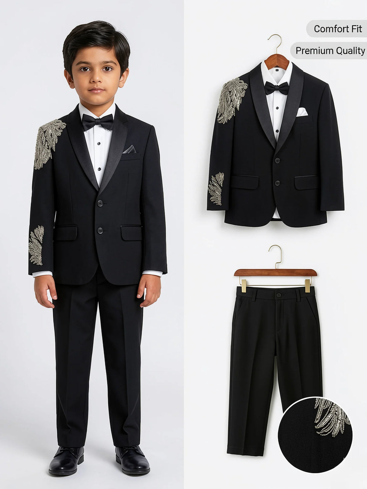 Boys' Sleek Black Coat Suit with Silver Shoulder Embroidery ()