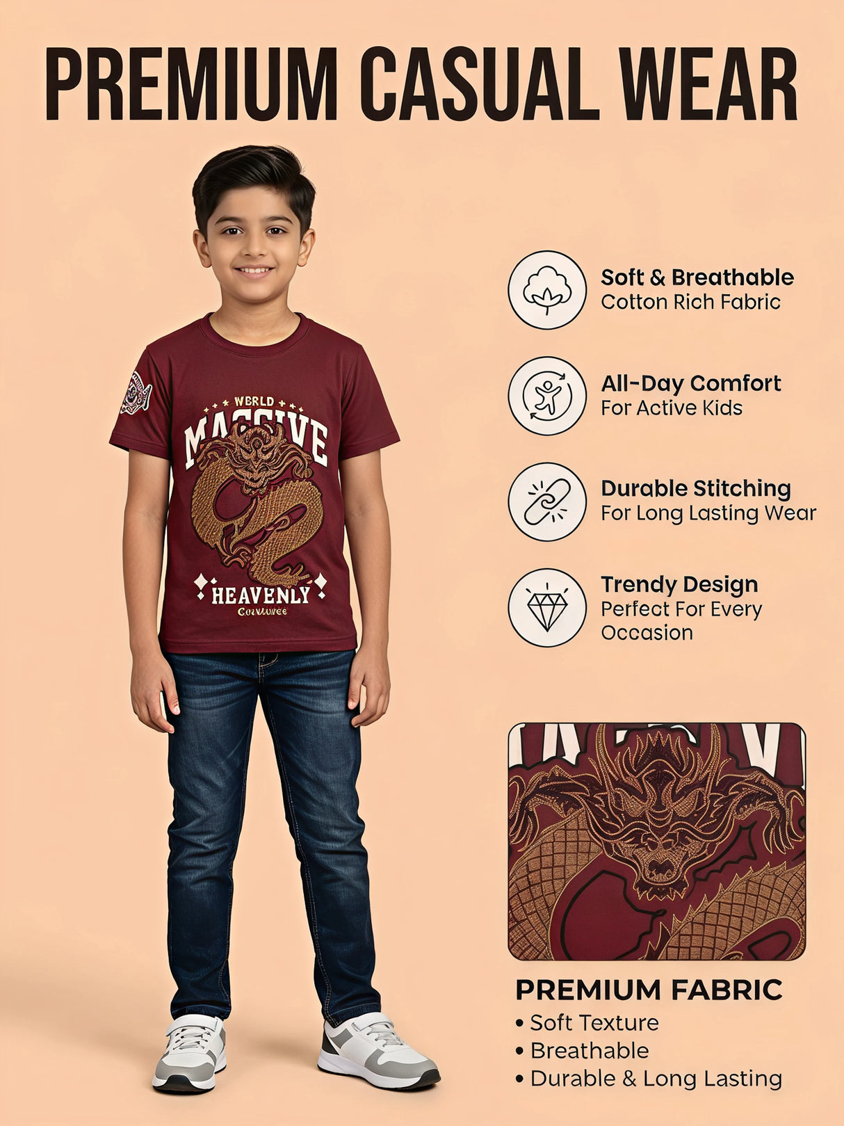 Boys Maroon Dragon Print Cotton T-Shirt