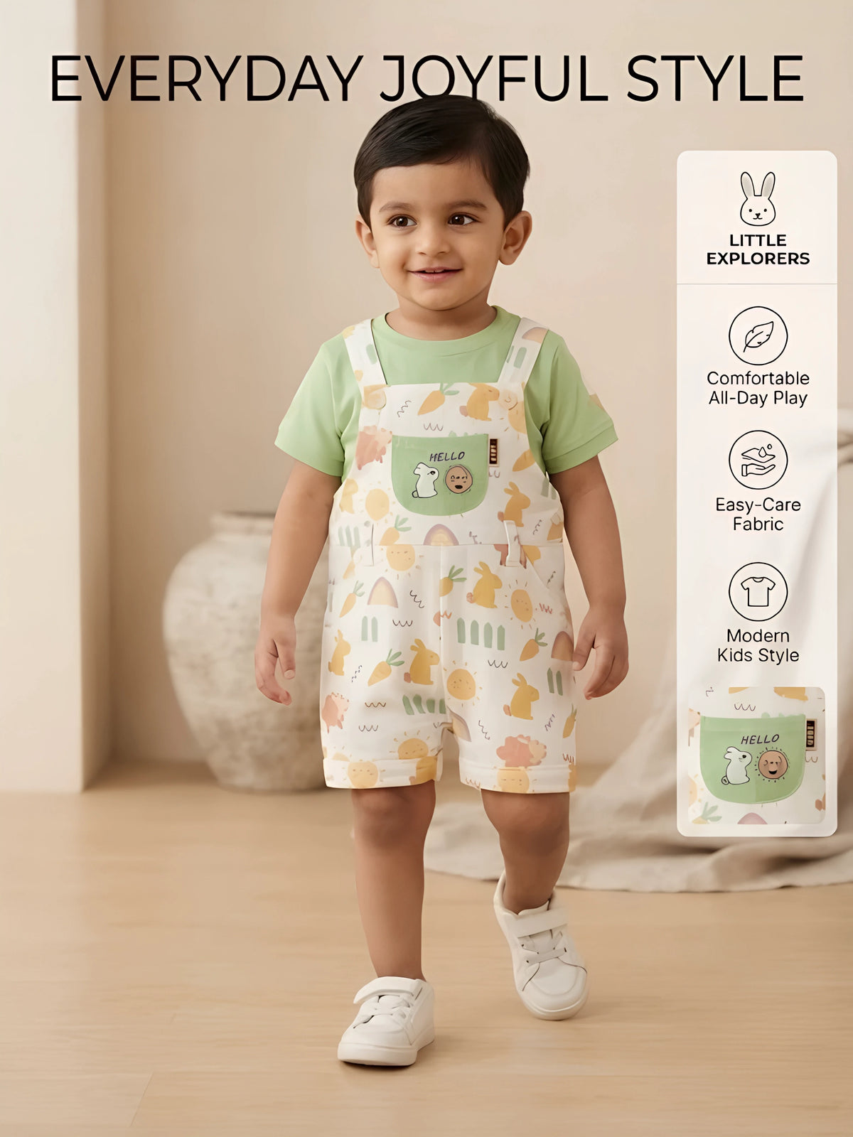 Infant Boys Green Printed Dungaree Set..