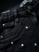 Girls Casual Black Denim Shorts with Floral and Rhinestone Accents