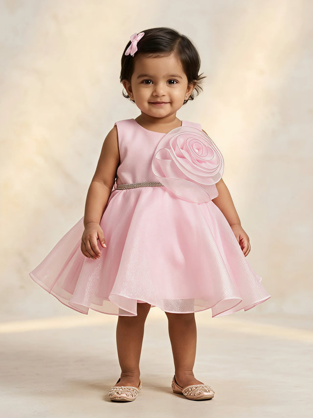 An adorable toddler girl wearing a sleeveless light pink party frock with a large 3D organza flower applique and a sparkling silver waistband.
