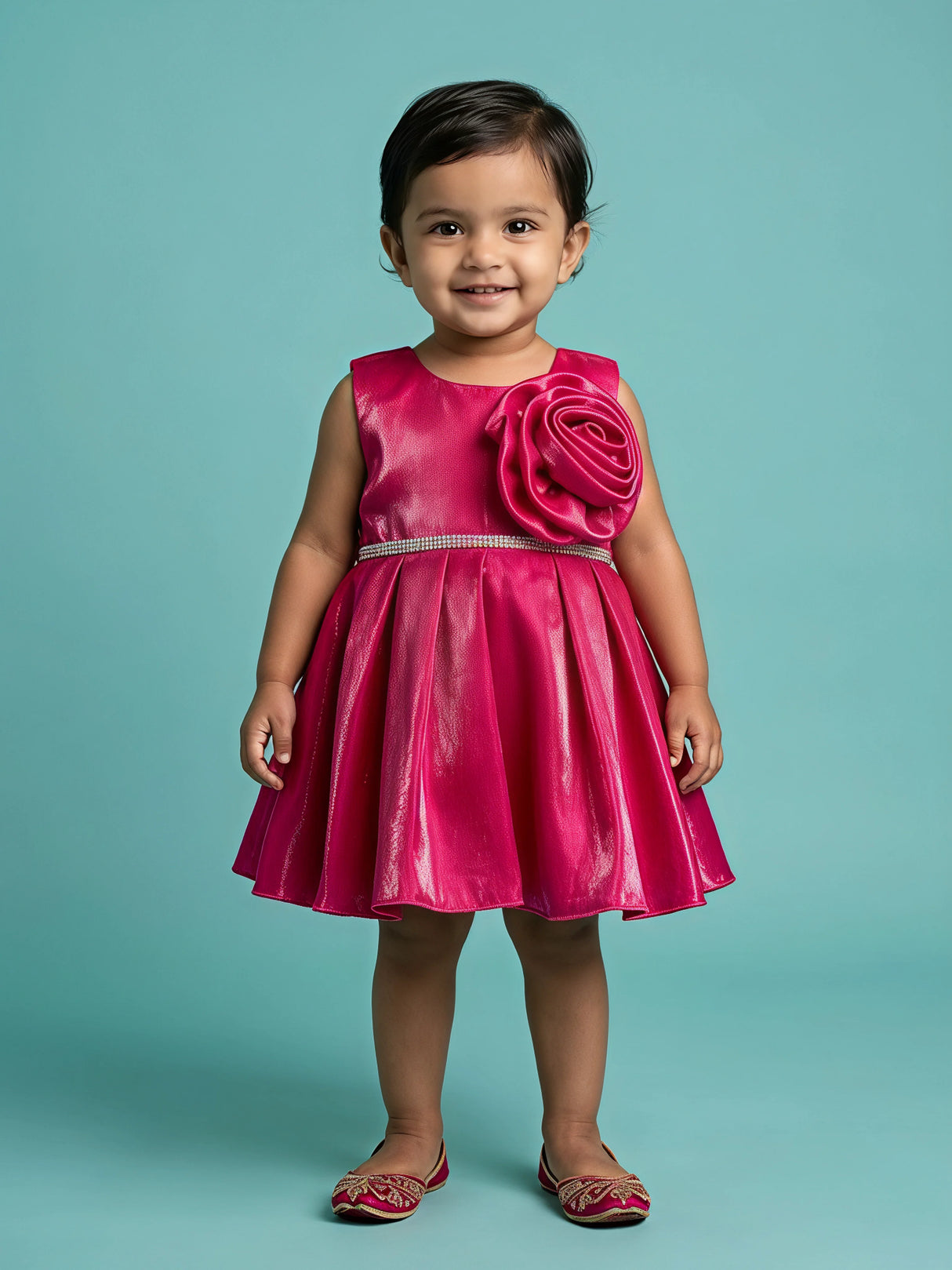 A young girl wearing a vibrant Rani pink sleeveless party frock with a large rose applique on the chest and a shimmering waistband, standing against a blue background as seen in 1205-01 - RANI - KATIBI-artguru.jpg.