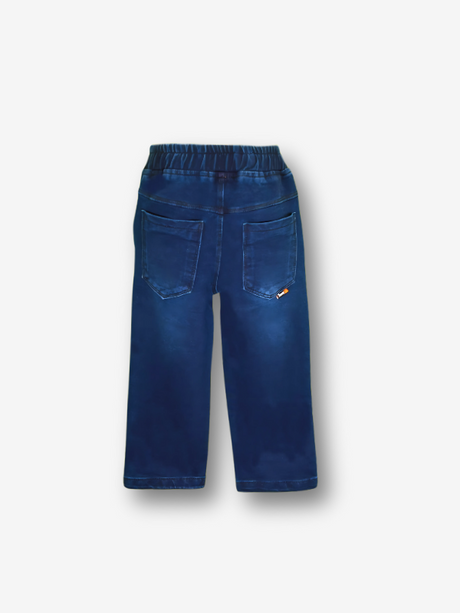 Boys' dark navy blue denim jeans in a straight-leg cut, featuring a gathered elastic waistband and a khaki web belt with a silver buckle.

Export to Sheets
