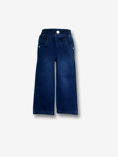 Boys' dark navy blue denim jeans in a straight-leg cut, featuring a gathered elastic waistband and a khaki web belt with a silver buckle.

Export to Sheets
