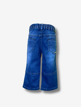 Boys' dark blue wash wide-leg denim jeans with a gathered elastic waistband and a colorful rainbow smiley face patch on the left side.

Export to Sheets