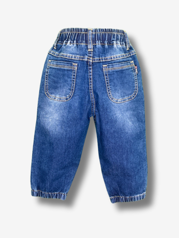 Boys' dark indigo blue knit denim pants in a wide-leg style with a gathered elastic waistband and a single silver button closure.

Export to Sheets