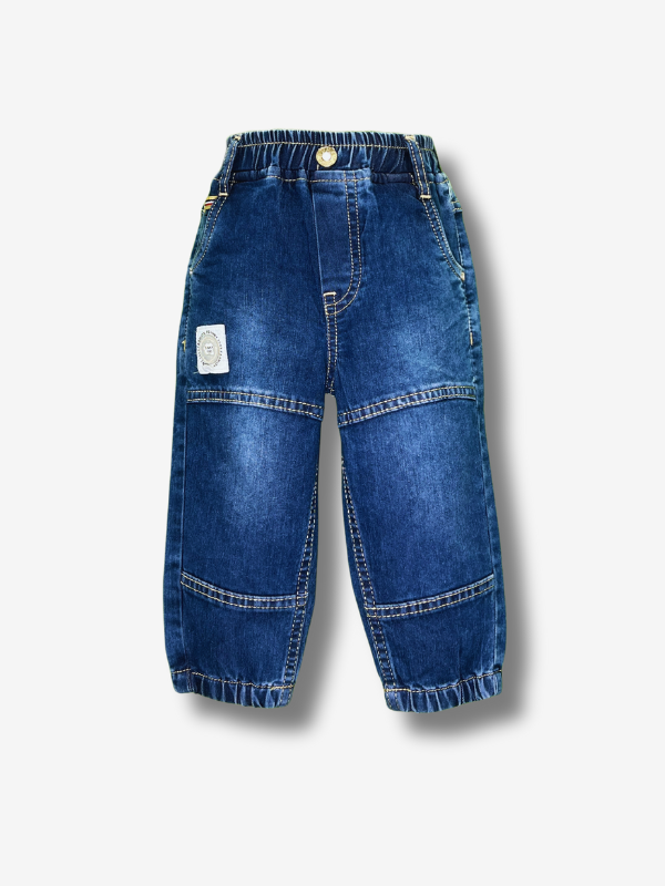 Boys' dark indigo blue knit denim pants in a wide-leg style with a gathered elastic waistband and a single silver button closure.

Export to Sheets