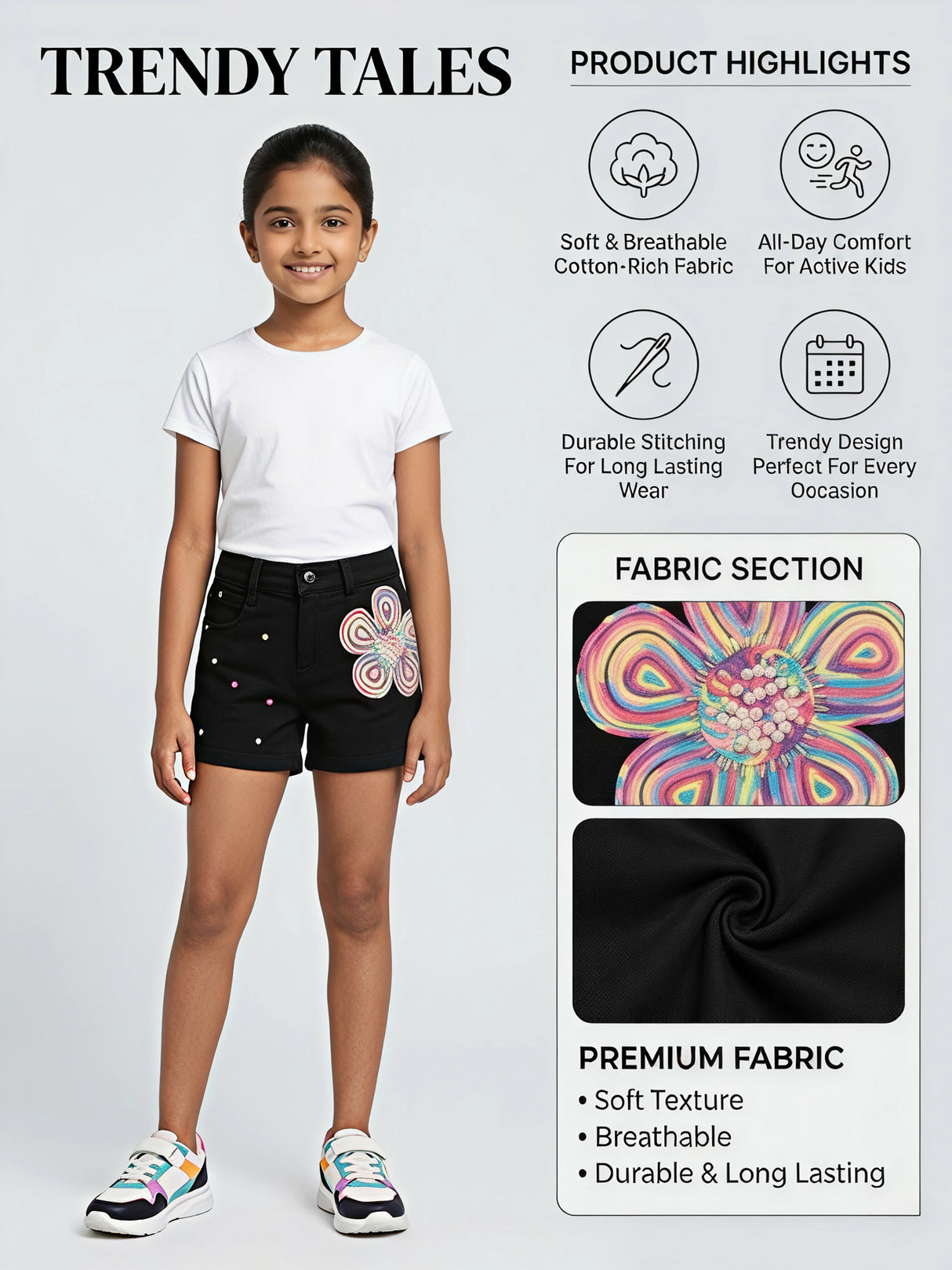 Girls Casual Black Denim Shorts with Floral and Rhinestone Accents