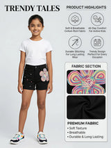 Girls Casual Black Denim Shorts with Floral and Rhinestone Accents
