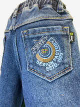 Boys' dark blue wash straight-leg denim jeans, featuring a gathered elastic waistband and a khaki web belt with a silver buckle.

Export to Sheets