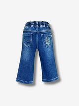 Boys' dark blue wash straight-leg denim jeans, featuring a gathered elastic waistband and a khaki web belt with a silver buckle.

Export to Sheets