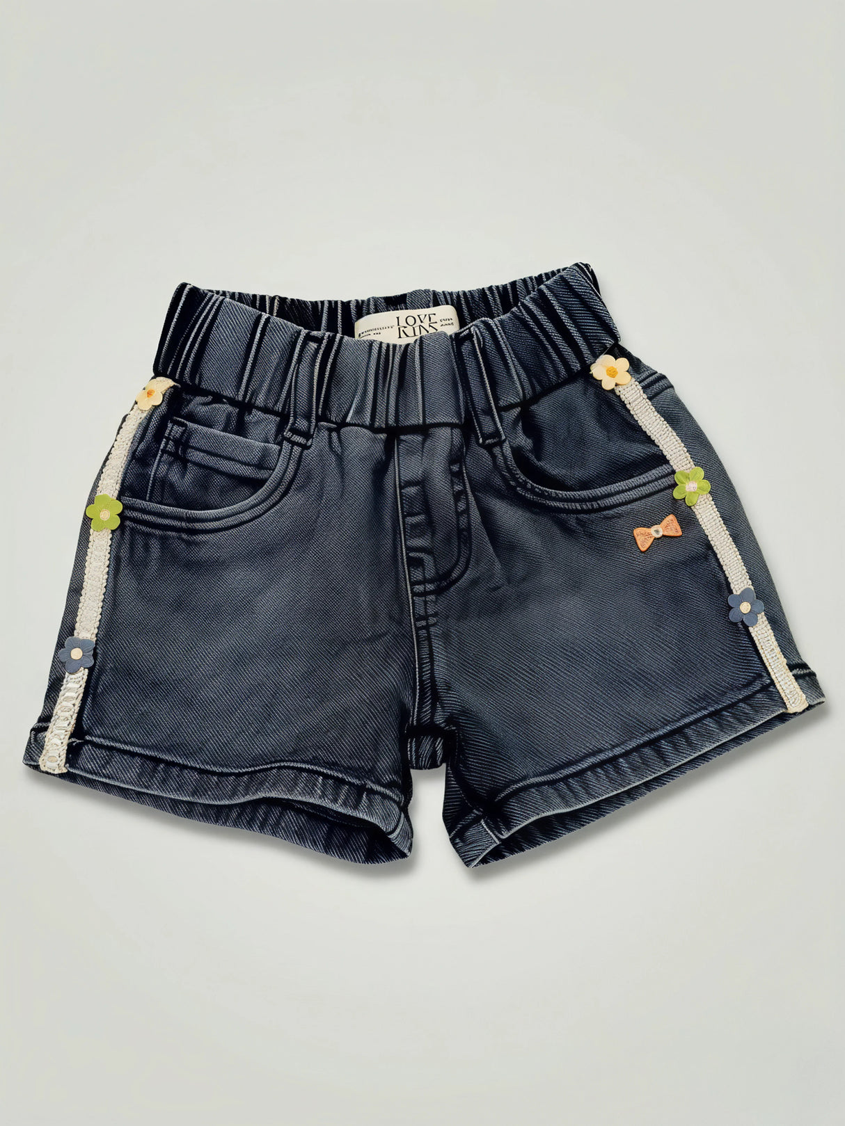 Girls Dark Grey Denim Shorts with Floral Side Taping
