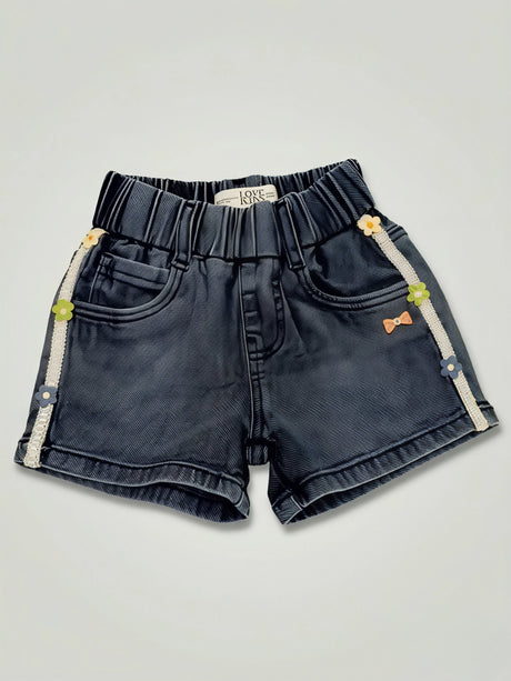 Girls Dark Grey Denim Shorts with Floral Side Taping
