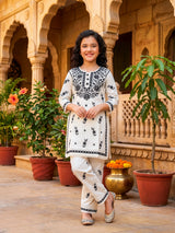 Girls Elegant Off-White & Black Chikankari Kurta Set