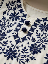 Girls' White Kurti & Trouser Set with Navy Blue Lucknowi Embroidery