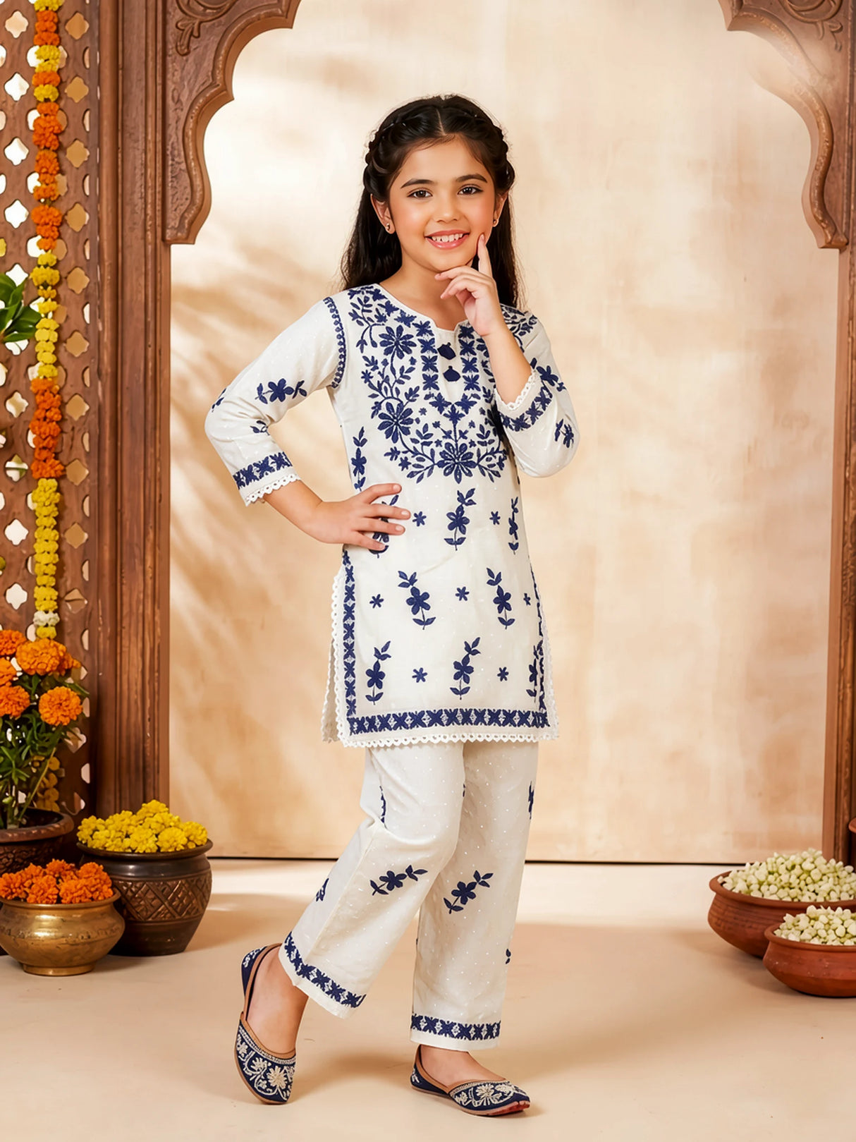 Girls' White Kurti & Trouser Set with Navy Blue Lucknowi Embroidery ()