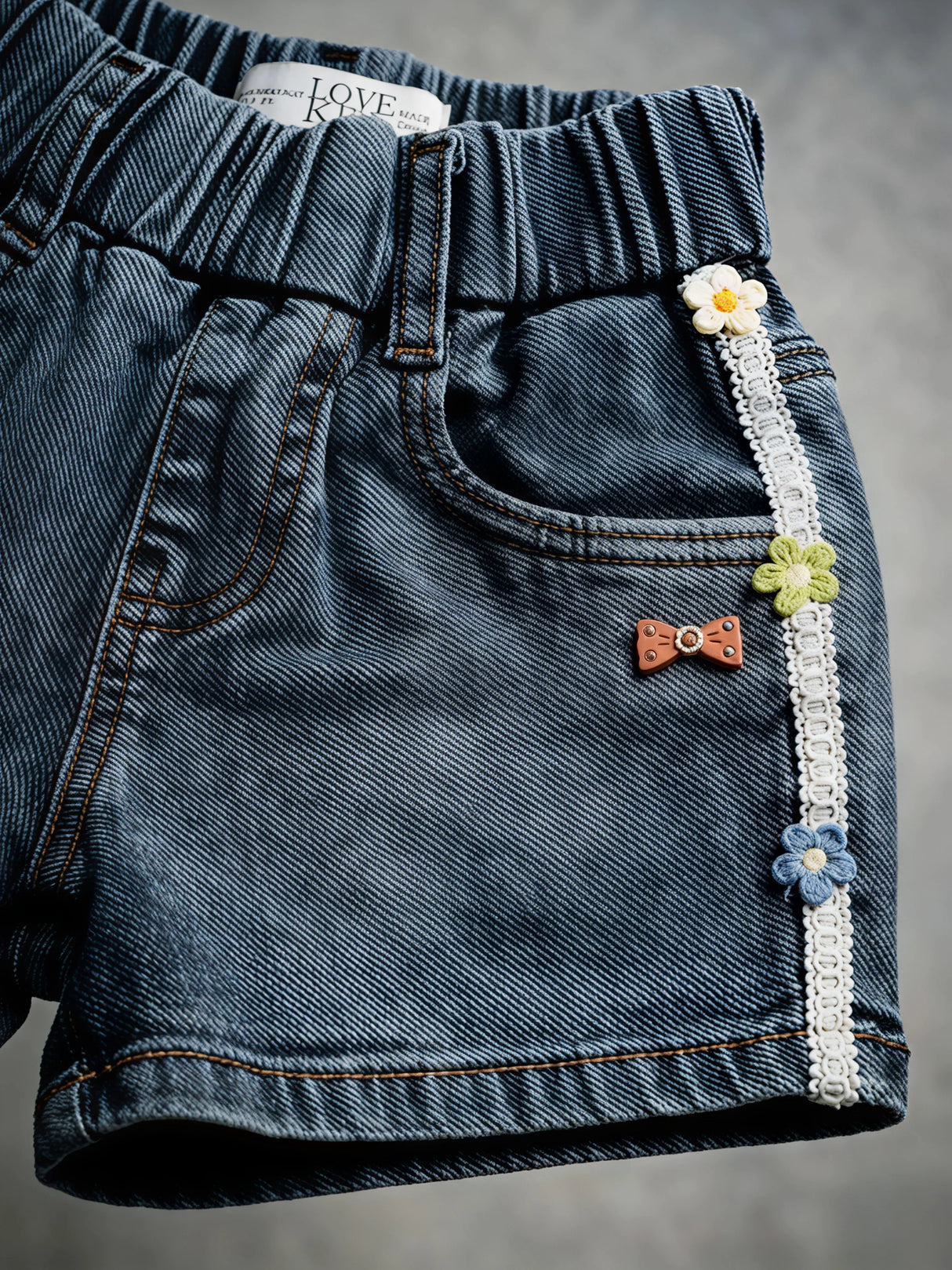 Girls Dark Grey Denim Shorts with Floral Side Taping