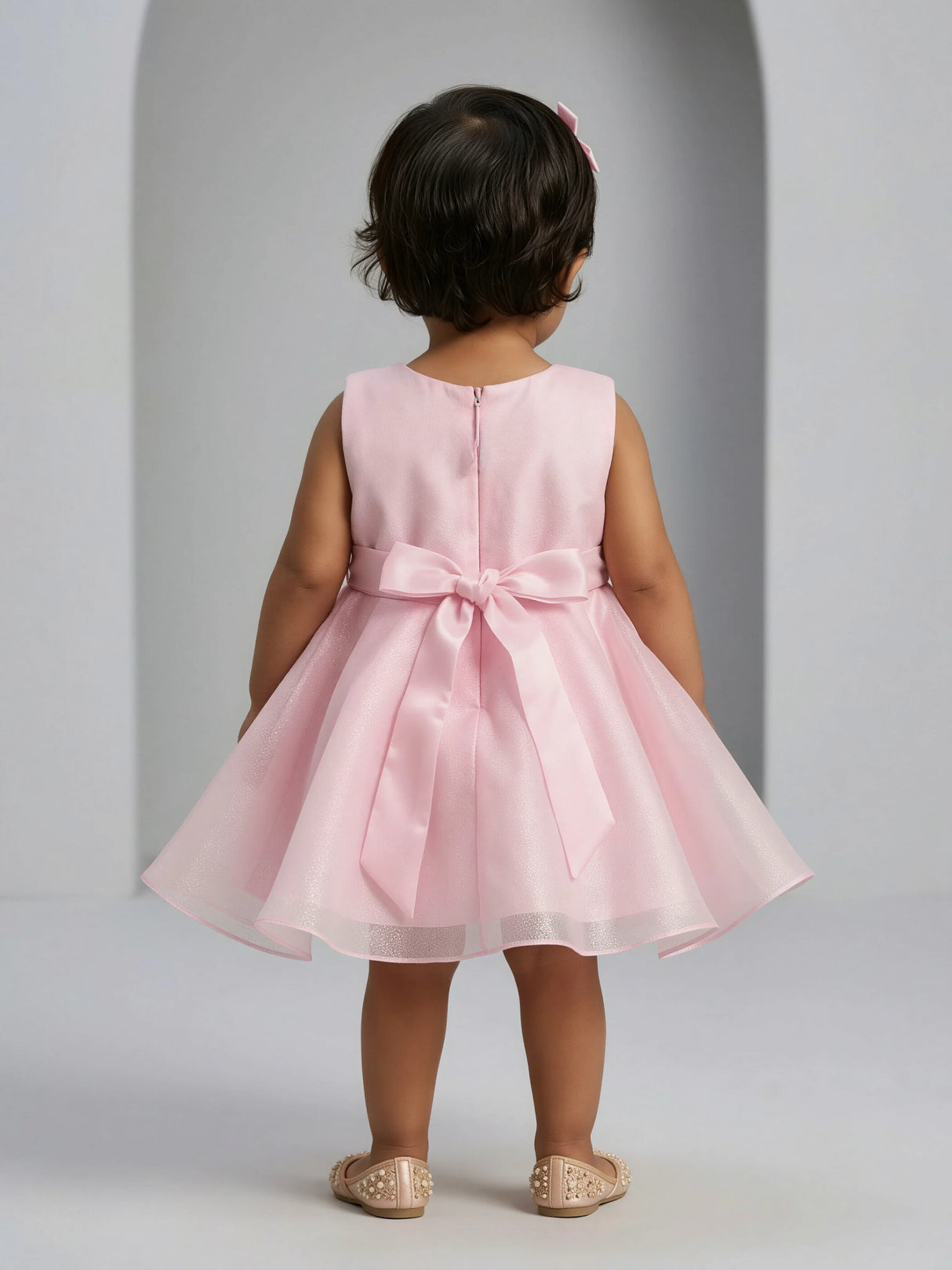 Girls Elegant Pink Party Wear Frock with 3D Rose Embellishment.