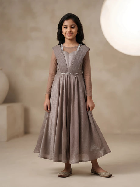Brown metallic gown for girls paired with a matching mesh inner top.