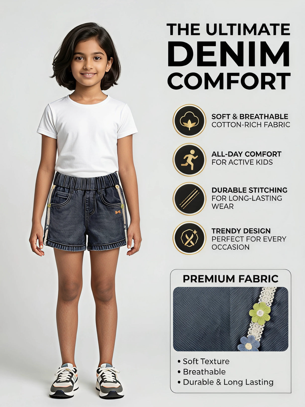 Girls Dark Grey Denim Shorts with Floral Side Taping