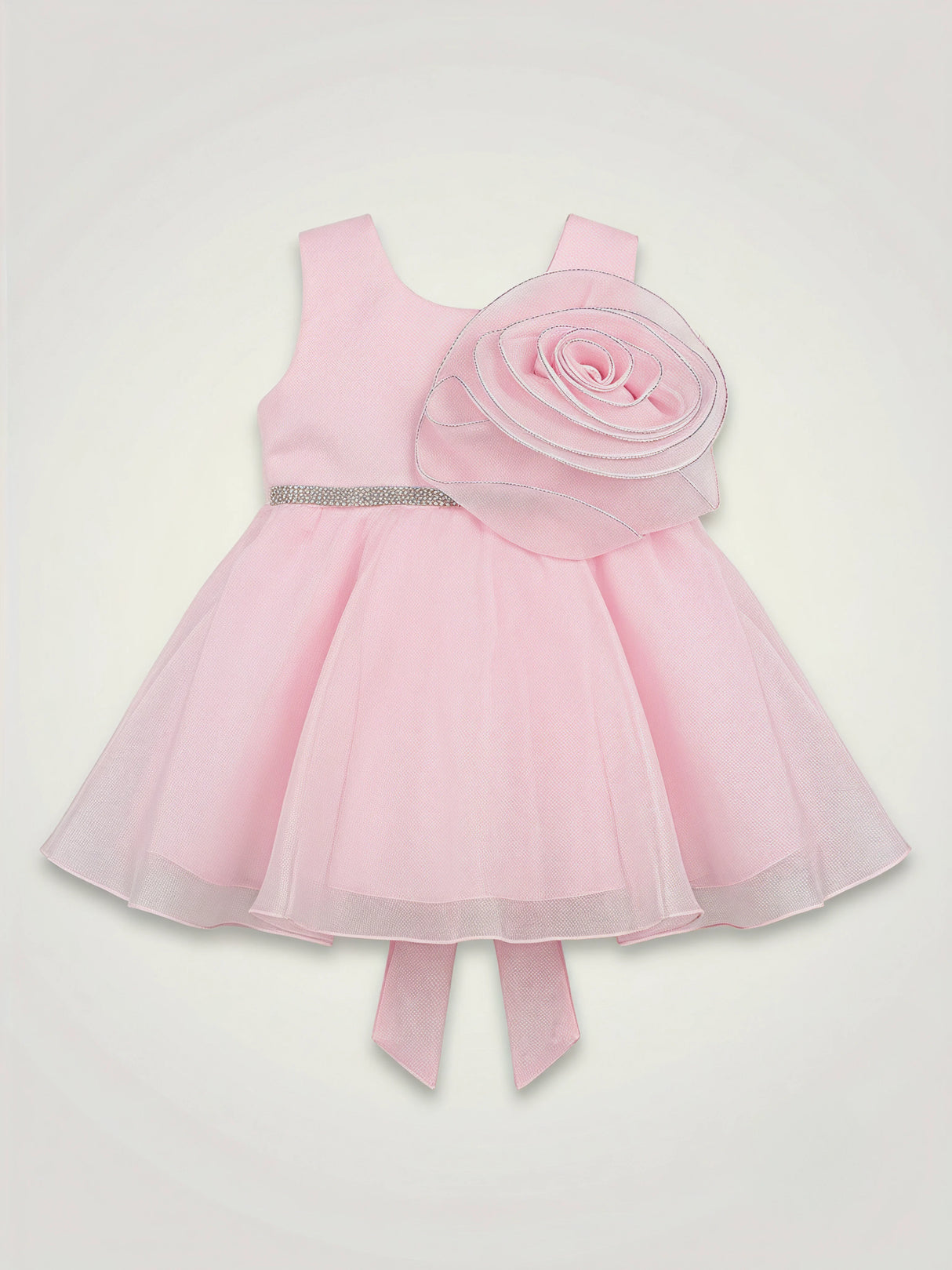 Girls Elegant Pink Party Wear Frock with 3D Rose Embellishment.