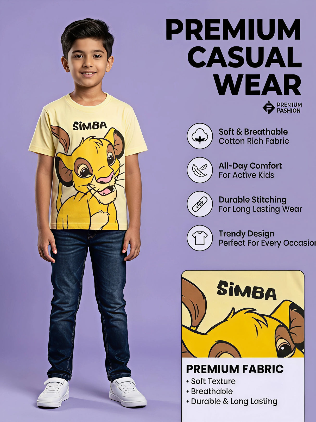Boys Yellow Simba Graphic Print Cotton T-Shirt