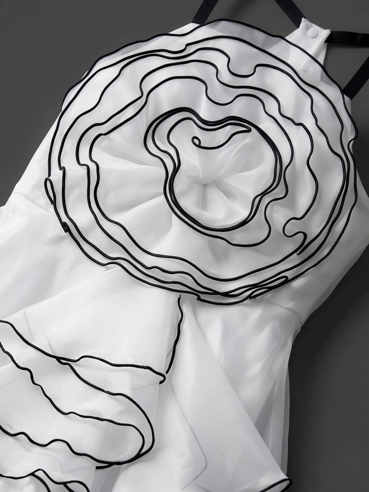 Elegant White Floral Organza Gown with Contrast Piping