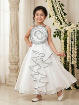 Elegant White Floral Organza Gown with Contrast Piping