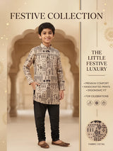 Black Geometric Print Kurta Pajama Set for Boys