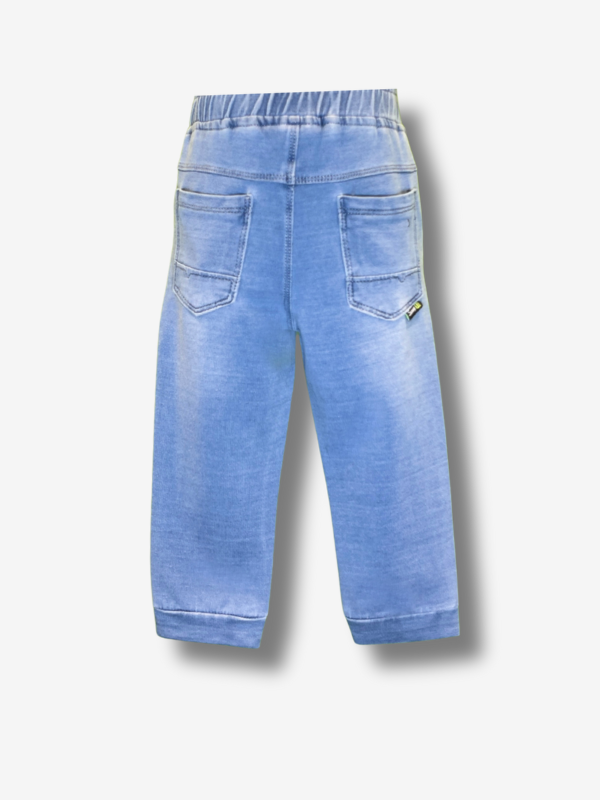 Boys' light blue wash knit denim pants in a slim-straight fit with a gathered elastic waistband and a single decorative button.

Export to Sheets