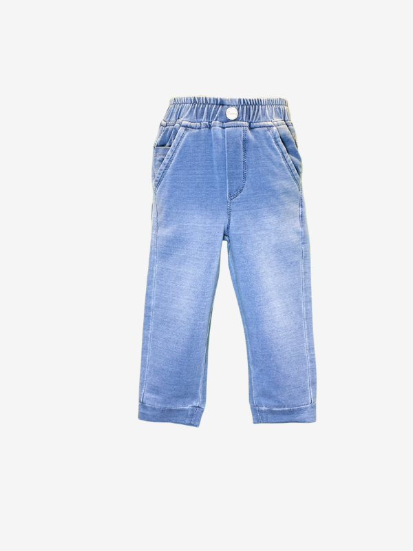 Boys' light blue wash knit denim pants in a slim-straight fit with a gathered elastic waistband and a single decorative button.

Export to Sheets