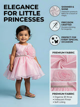 Girls Elegant Pink Party Wear Frock with 3D Rose Embellishment.