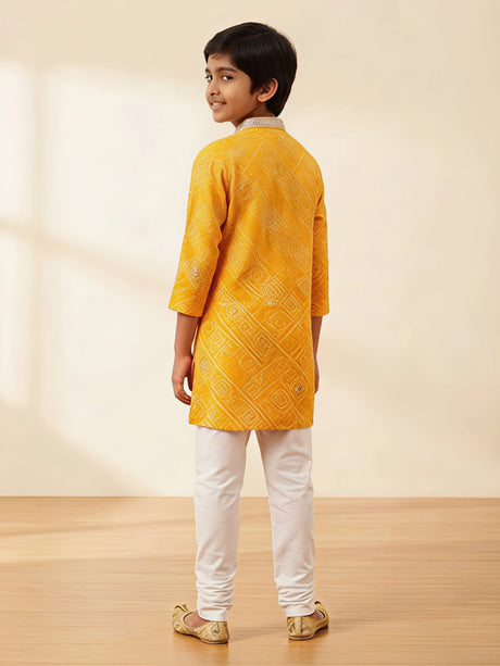 Boys Yellow Bandhani Printed Kurta Set