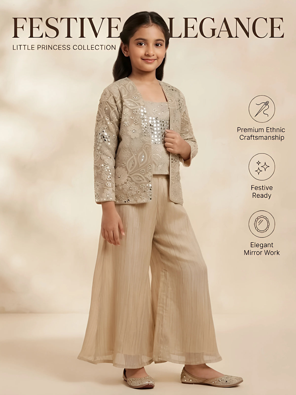 Cream Embroidered Mirror Work Plazzo Set with Jacket for Girls
