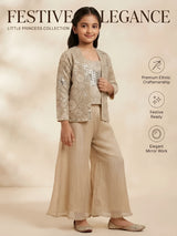 Cream Embroidered Mirror Work Plazzo Set with Jacket for Girls