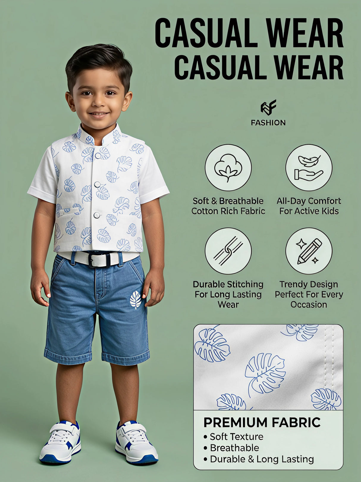 Boys Blue Leaf Print Co-ord Set with Shorts.