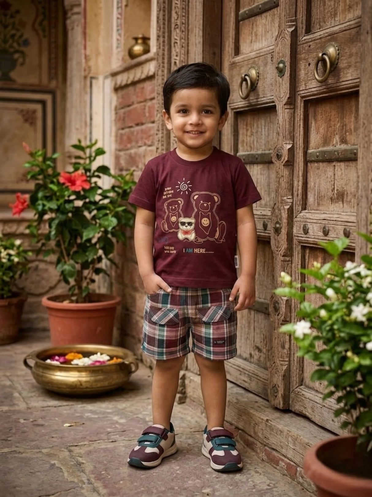 Boys Maroon Bear Graphic T-Shirt & Plaid Shorts Set