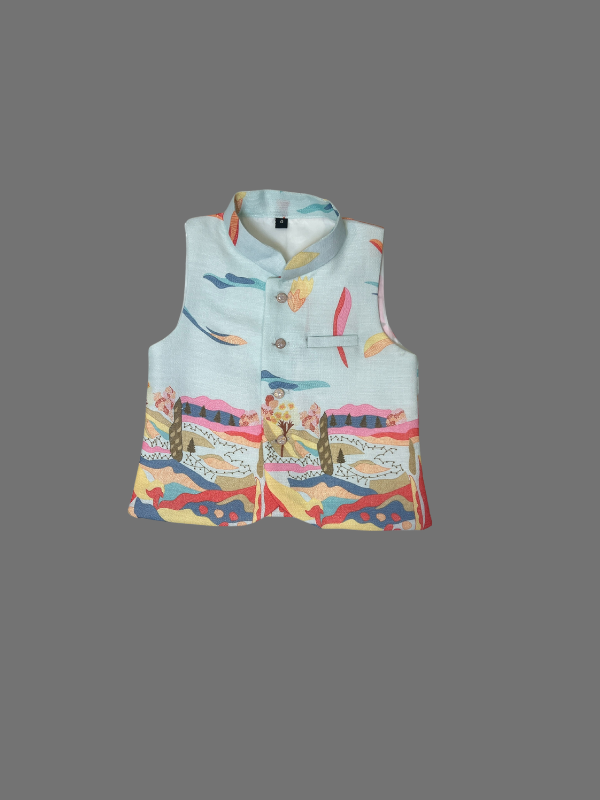 Boys' Blue Printed Kurta Jacket Set - Party & Festive Wear.