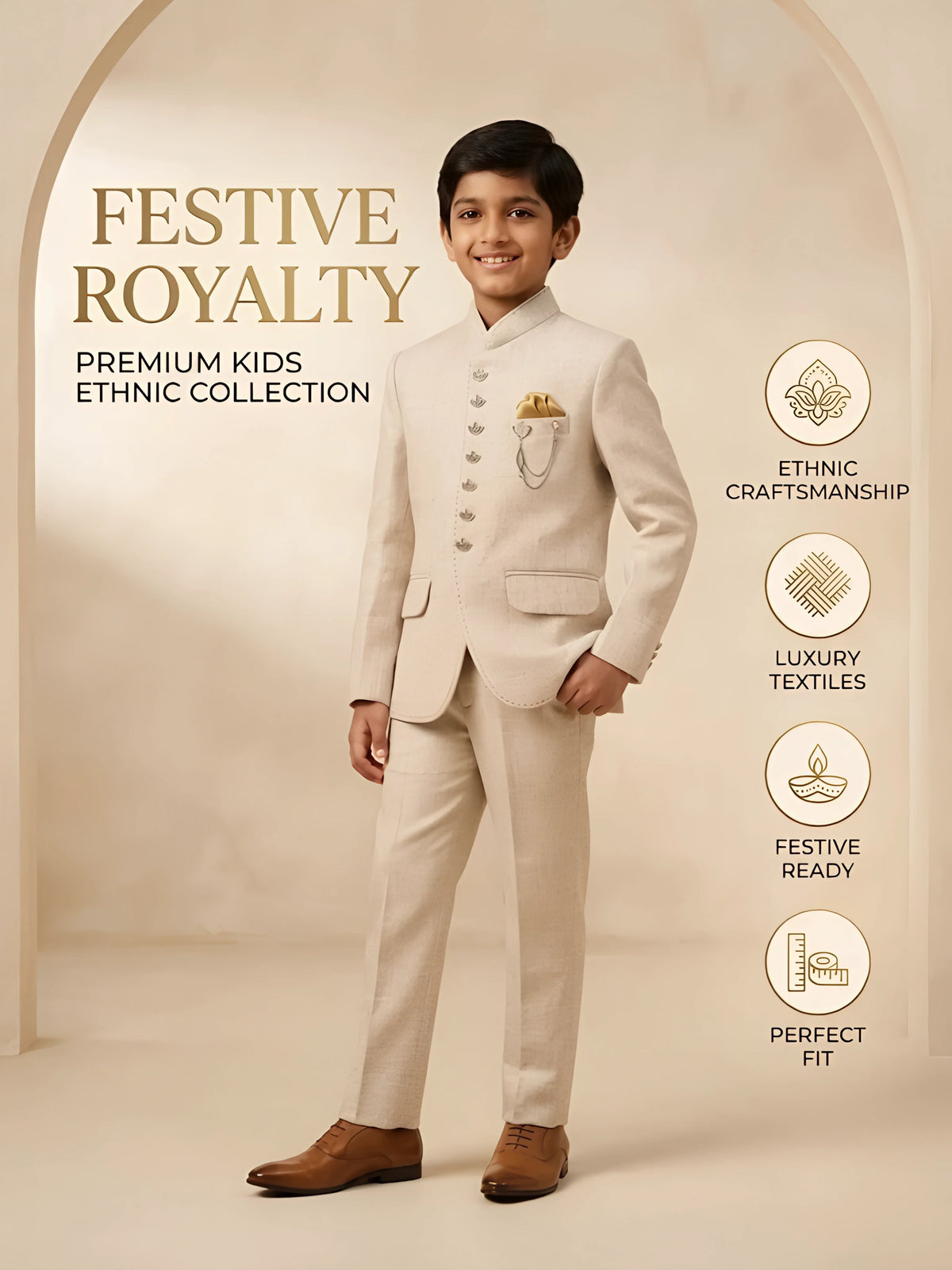 Boys Cream Jodhpuri Suit with Pocket Square