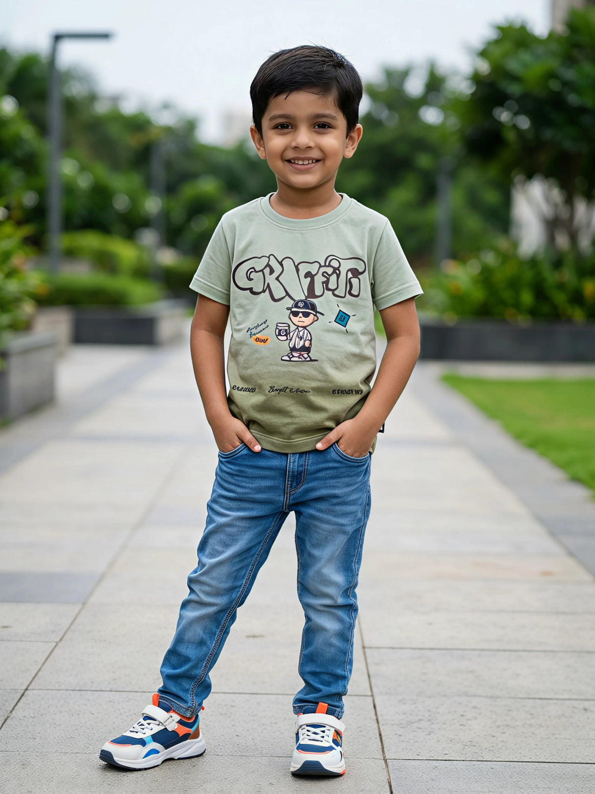 Boys Green Graffiti Graphic Cotton T-Shirt