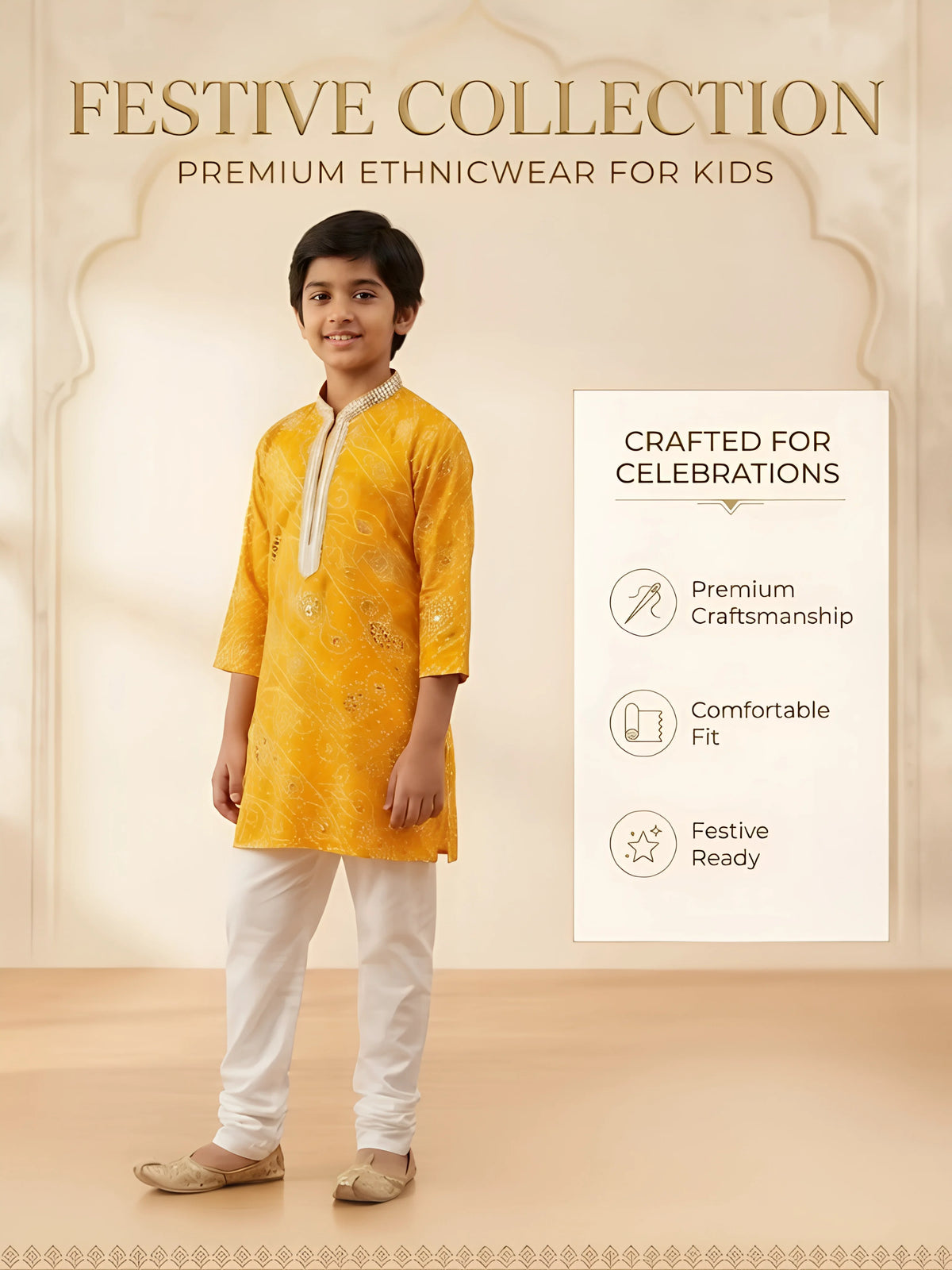 Boys Yellow Bandhani Printed Kurta Set