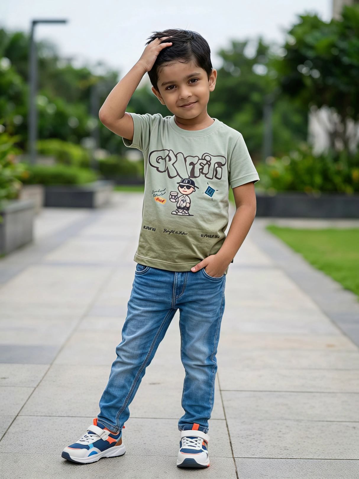 Boys Green Graffiti Graphic Cotton T-Shirt