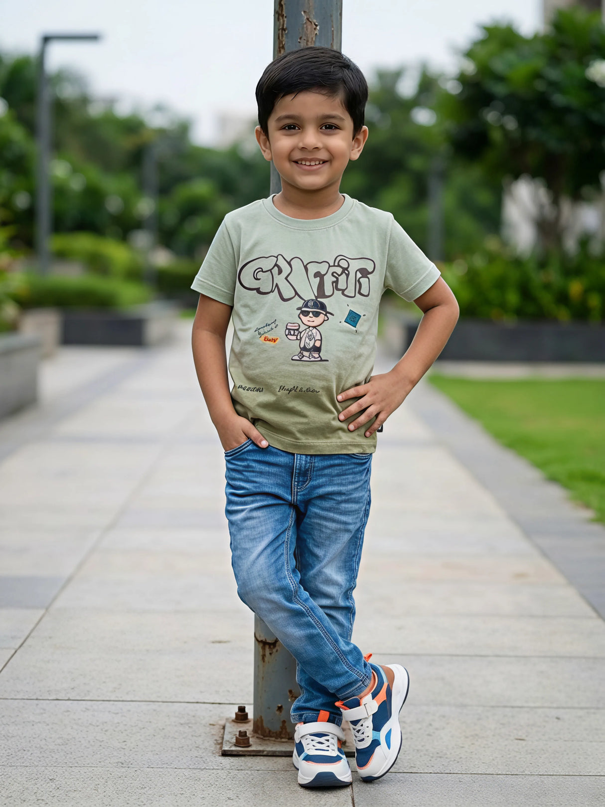 Boys Green Graffiti Graphic Cotton T-Shirt