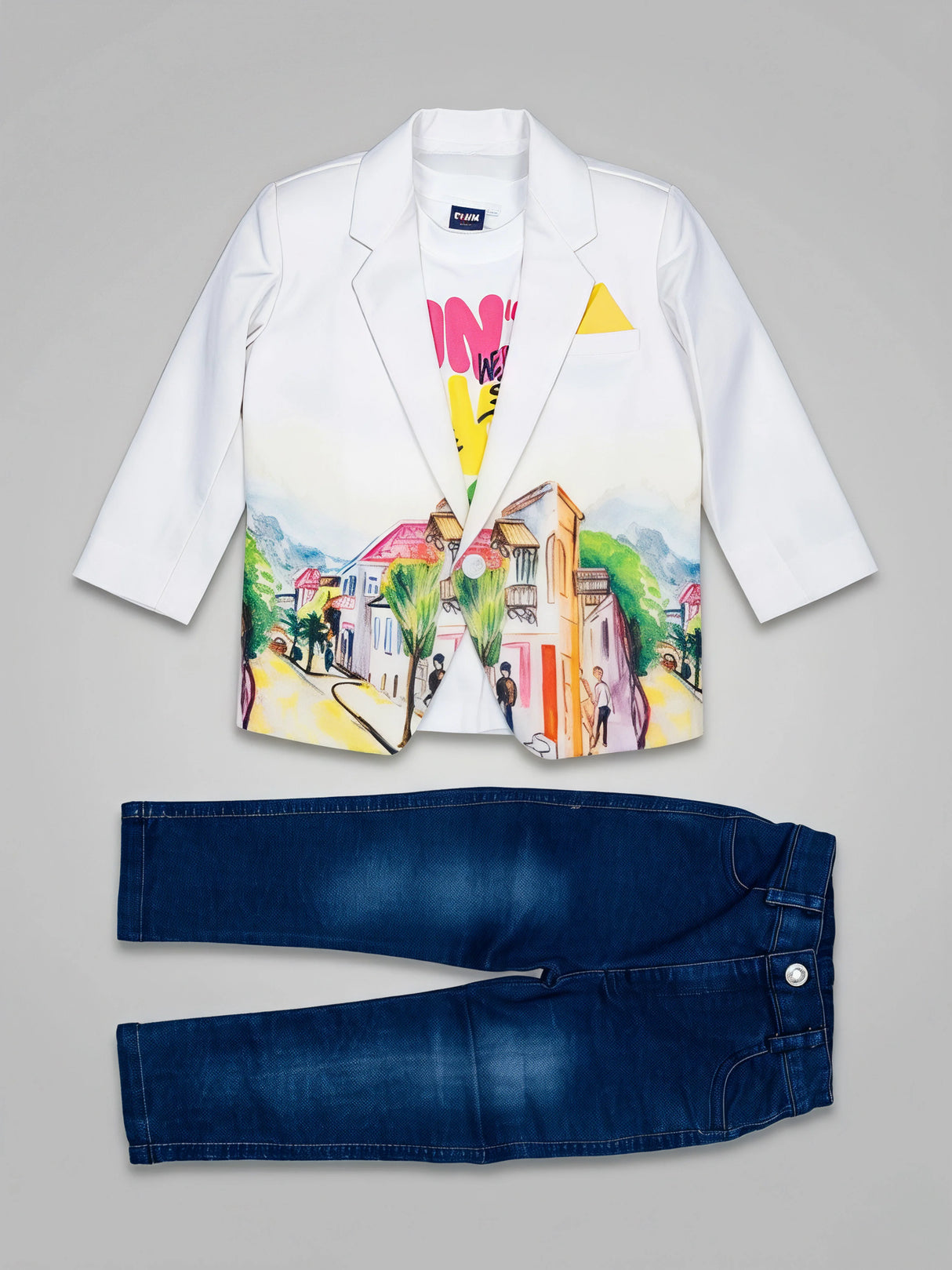 Boys White Painted Cityscape Blazer Set with Jeans & Tee