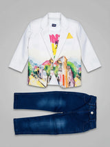 Boys White Painted Cityscape Blazer Set with Jeans & Tee