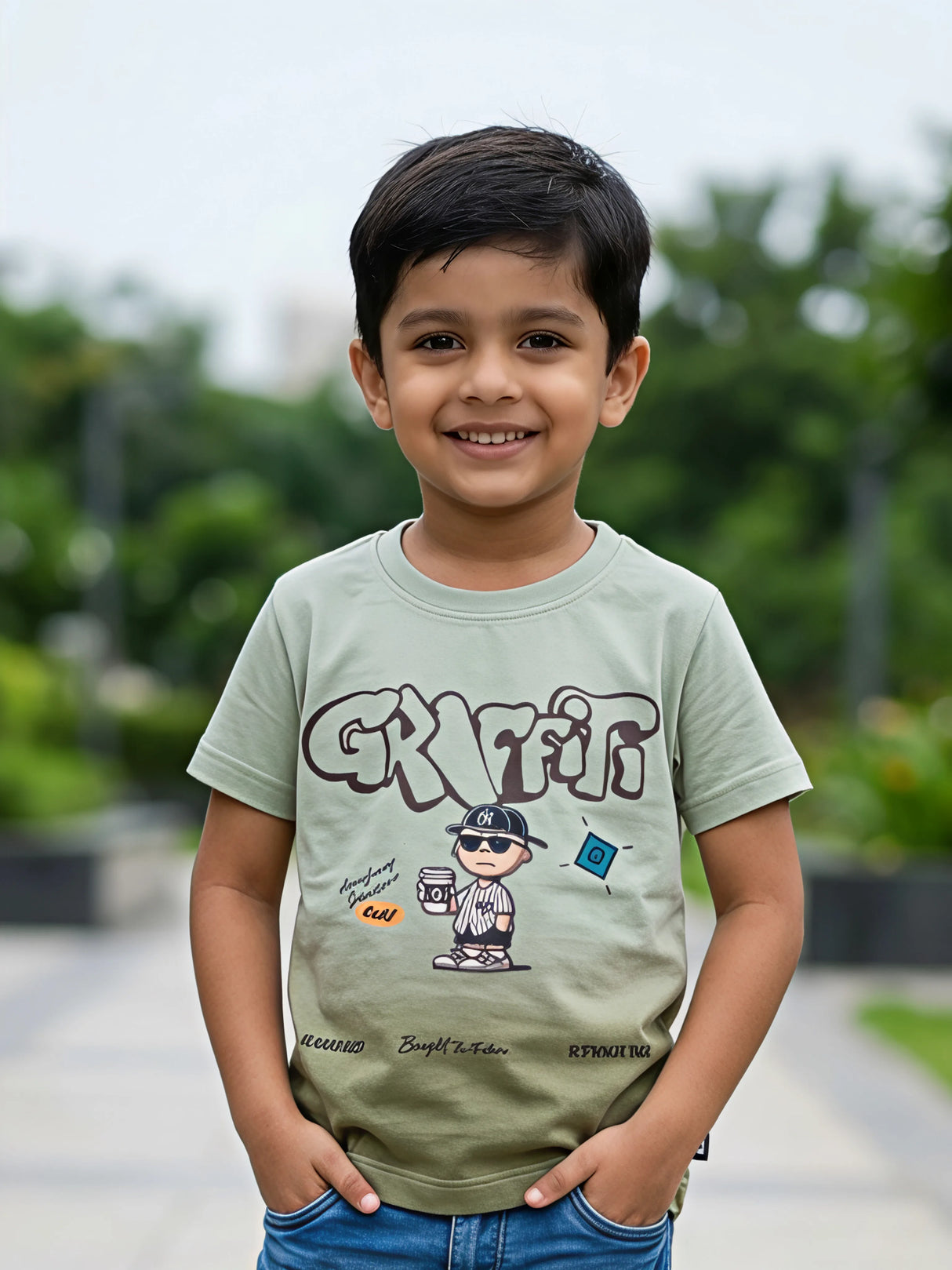 Boys Green Graffiti Graphic Cotton T-Shirt