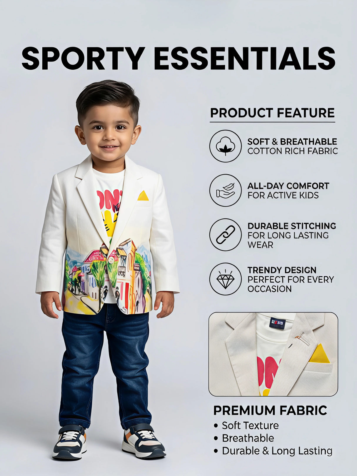 Boys White Painted Cityscape Blazer Set with Jeans & Tee