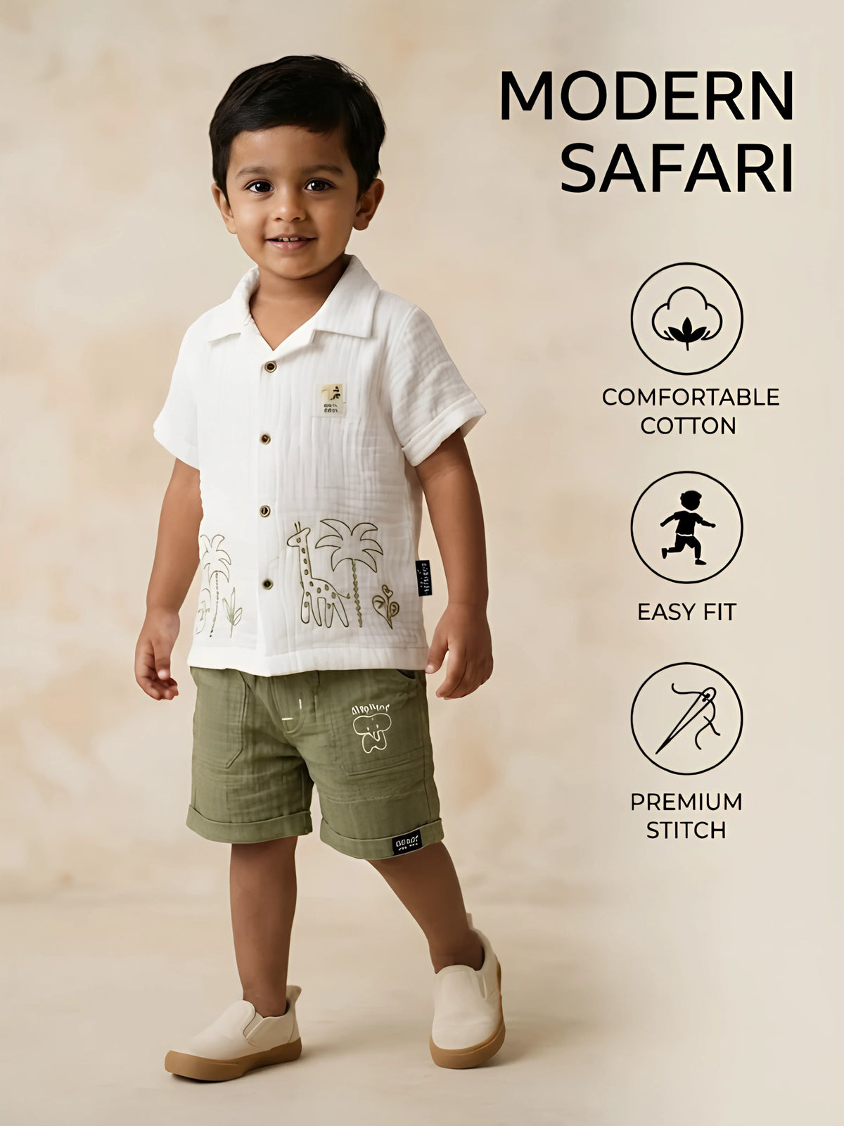 White Safari Print Cotton Boys Coordinate Set